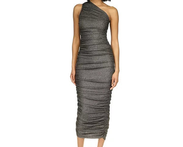 Michael Kors Ruched Metallic One-Shoulder Midi Dress Black Size L MSRP $155