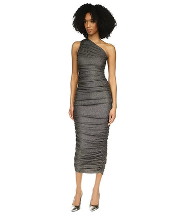 Michael Kors Ruched Metallic One-Shoulder Midi Dress Black Size L MSRP $155