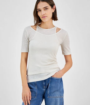BOSS Orange Women's Slim Ribbed Layered-Look Short-Sleeve Top Ivory Size M $88
