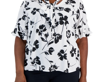 Kasper Plus Size 2X Printed Tie-Neck Flutter-Sleeve Top White Black MSRP $79