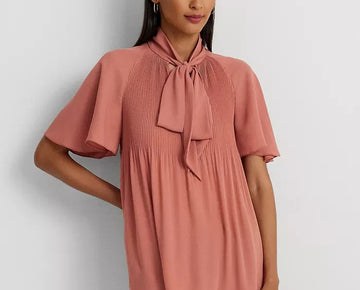 Lauren Ralph Lauren Womens Tie-Neck Flutter-Sleeve Pink Mahogany Size S MSRP$125