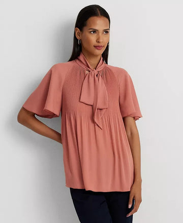 Lauren Ralph Lauren Womens Tie-Neck Flutter-Sleeve Pink Mahogany Size S MSRP$125