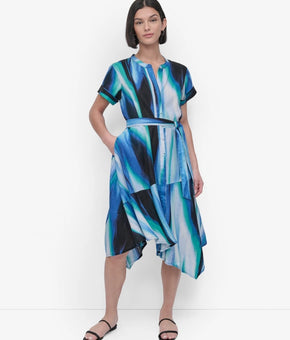 DKNY Women's Short-Sleeve Asymmetric 100% LINEN Midi Dress Blue Size 4 $159