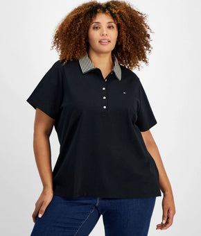 Tommy Hilfiger Plus Size 2X Striped-Collar Polo Shirt Black MSRP $70