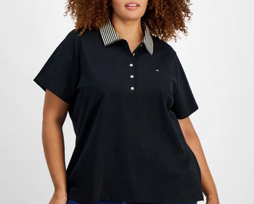 Tommy Hilfiger Plus Size 2X Striped-Collar Polo Shirt Black MSRP $70
