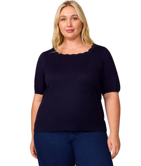Melissa Paige Plus Size 1X Elbow-Sleeve square Scalloped-Neck Sweater Navy $52