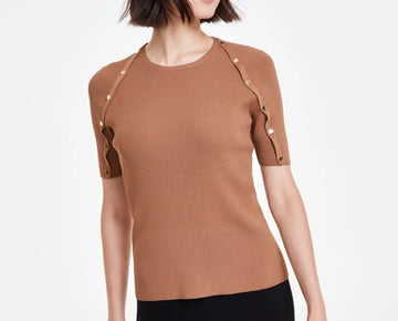 Anne Klein Women's Button-Trim Ribbed Short-Sleeve Top Brown Size XXS MSRP $79