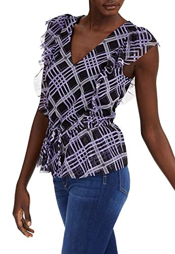 INC Womens Blouse Purple Large Ruffle Plaid-Mesh V-Neck Black L