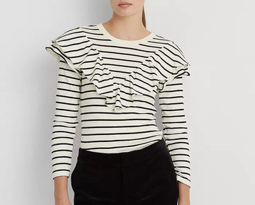 Lauren Ralph Lauren Womens Cream Striped Ruffle-Trim Long-Sleeve Top XS MSRP $80