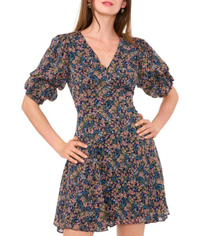 1.STATE Women's Bubble-Sleeve Back-Cutout Floral Mini Dress Navy Size XL $89