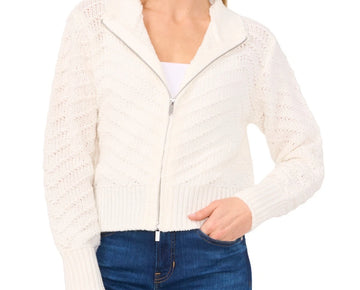 CeCe Women's Textured Zip-Up Cardigan White Size L MSRP $99