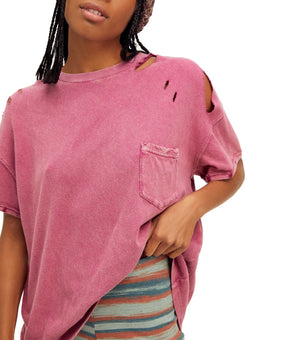 FREE PEOPLE Womens Pink Distressed Short Sleeve Crew Neck T-Shirt Size S