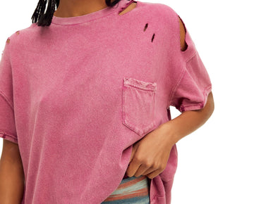 FREE PEOPLE Womens Pink Distressed Short Sleeve Crew Neck T-Shirt Size S