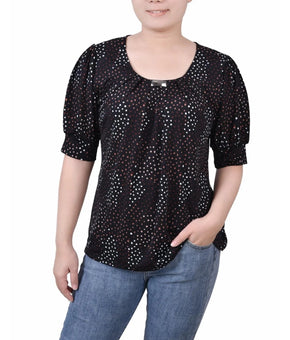 NY Collection Blouse Womens Petite Size PM Black Geometric Puff Sleeve Top