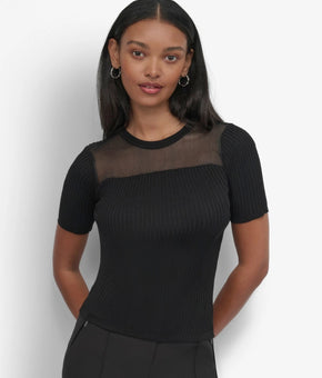 DKNY Petite Mesh-Trim Ribbed Knit Top Black Size PXS MSRP $79