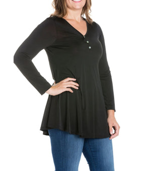 24seven Comfort Apparel Women's Plus Size 2X Flared Henley Tunic Top Black $60