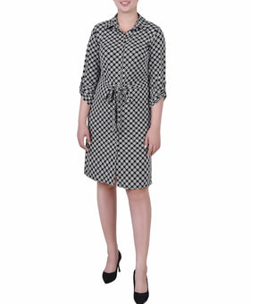 NY Collection Petite Size PL Geometric Sleeve Roll Tab Belt Shirtdress Black $54