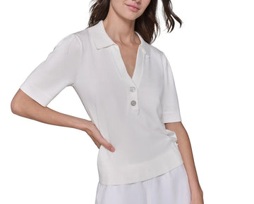 KARL LAGERFELD PARIS Women's Short-Sleeve Polo Sweater Ivory Size S MSRP $79