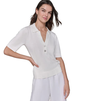 KARL LAGERFELD PARIS Women's Short-Sleeve Polo Sweater Ivory Size M MSRP $79