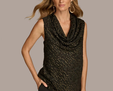Donna Karan New York Women's Sleeveless Metallic Cowlneck Top Black Size XS $89