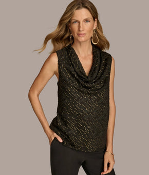Donna Karan New York Women's Sleeveless Metallic Cowlneck Top Black Size L $89