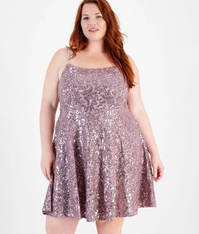Emerald Sundae Trendy Plus Size 16 Straight-Neck Sequin Lace Skater Dress Purple