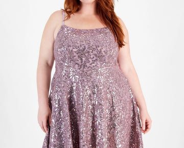 Emerald Sundae Trendy Plus Size 14 Straight-Neck Sequin Lace Skater Dress Purple