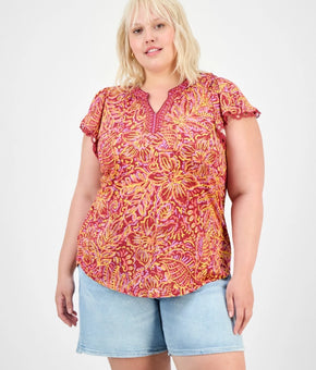 Democracy Trendy Plus Size 2X Printed Flutter-Sleeve Top Red MSRP $58