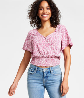 Lucky Brand Women's Printed Floral Surplice Top Pink Size M MSRP $70