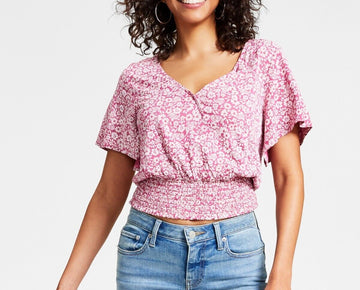 Lucky Brand Women's Printed Floral Surplice Top Pink Size M MSRP $70