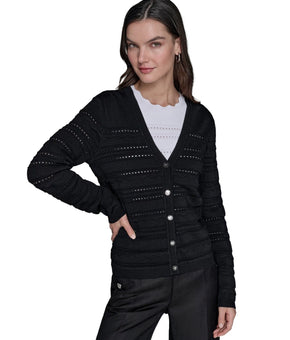 KARL LAGERFELD PARIS Women V-neck Scalloped-Trim Cardigan Black Size XS $129