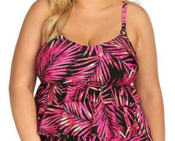 Island Escape BEACH BOUND Trendy Plus Size Tiered Underwire Tankini Top, US 18W