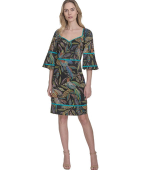 Vince Camuto Women's Cotton Leaf-Print Piped-Trim Dress Black Size 4 Cotton $138