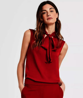 Anne Klein Blouse Womens Size L Red Bow Tie Neck Keyhole Sleeveless Top MSRP $79