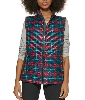 Bass Trooper Plaid Down Fill Packable Insulated Vest Jacket Size S Green Red