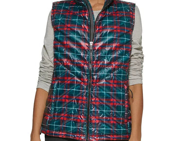 Bass Trooper Plaid Down Fill Packable Insulated Vest Jacket Size S Green Red