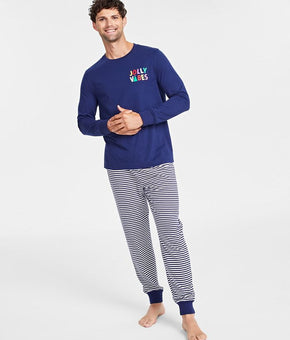 Family Pajamas Mens Mix It Jolly Vibes Striped Pajamas Set, Navy, Size M
