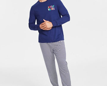 Family Pajamas Mens Mix It Jolly Vibes Striped Pajamas Set, Navy, Size M
