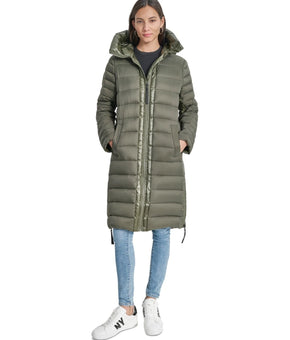 DKNY Jeans Womens Down Quilted Hooded Puffer Coat Olive Green Size XXS MSRP $229