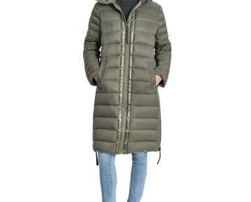 DKNY Jeans Womens Down Quilted Hooded Puffer Coat Olive Green Size XXS MSRP $229