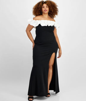 City Studios Trendy Plus Size 24W Ruffled Off-The-Shoulder Gown Black MSRP $119