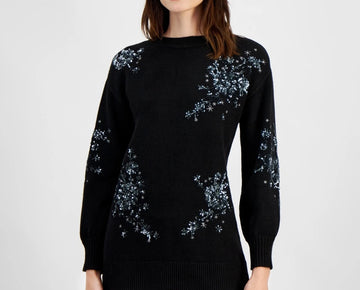 Anne Klein Women's Floral Sequin Tunic Sweater Black Size L MSRP $139