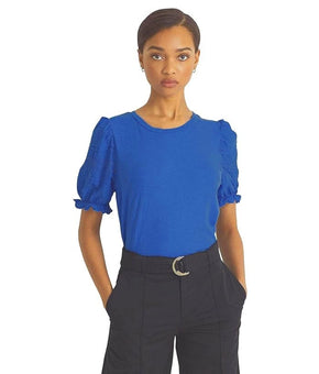 RALPH LAUREN Blue Scalloped Pleated Lace Heather Pouf Sleeve Top Size M MSRP $80
