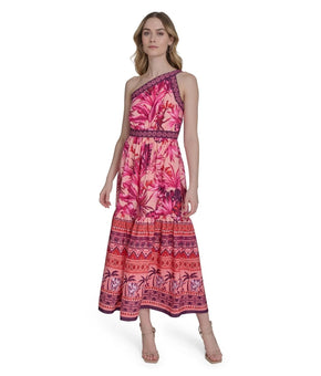Eliza J Women Asymmetrical Neck One-Shoulder Tiered Midi Dress Pink Size 10 $158