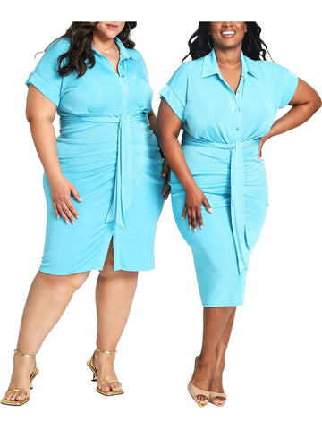 Nina Parker Womens Plus Collar Shirtdress Turquoise Blue Size 3X