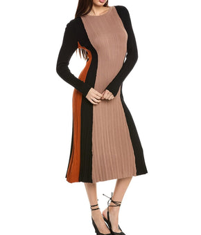 T Tahari NWT Women's Colorblocked Long Sleeve Rib Calf Dress Size Large $118