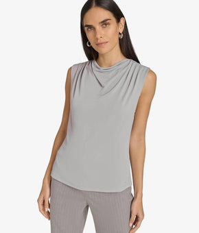 Calvin Klein Women's Cowlneck Pleated-Shoulder Top Gray Size L