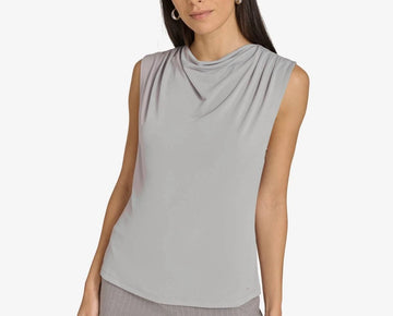 Calvin Klein Women's Cowlneck Pleated-Shoulder Top Gray Size L