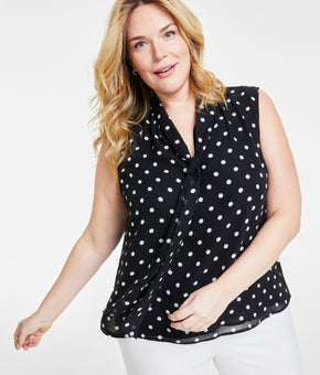Anne Klein Plus Size Dot-Print Tie-Neck Shirred Blouse Black Size 2X MSRP $89