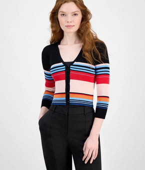 T Tahari Women's Striped V-Neck 3/4-Sleeve Button Cardigan Black Size L MSRP $68